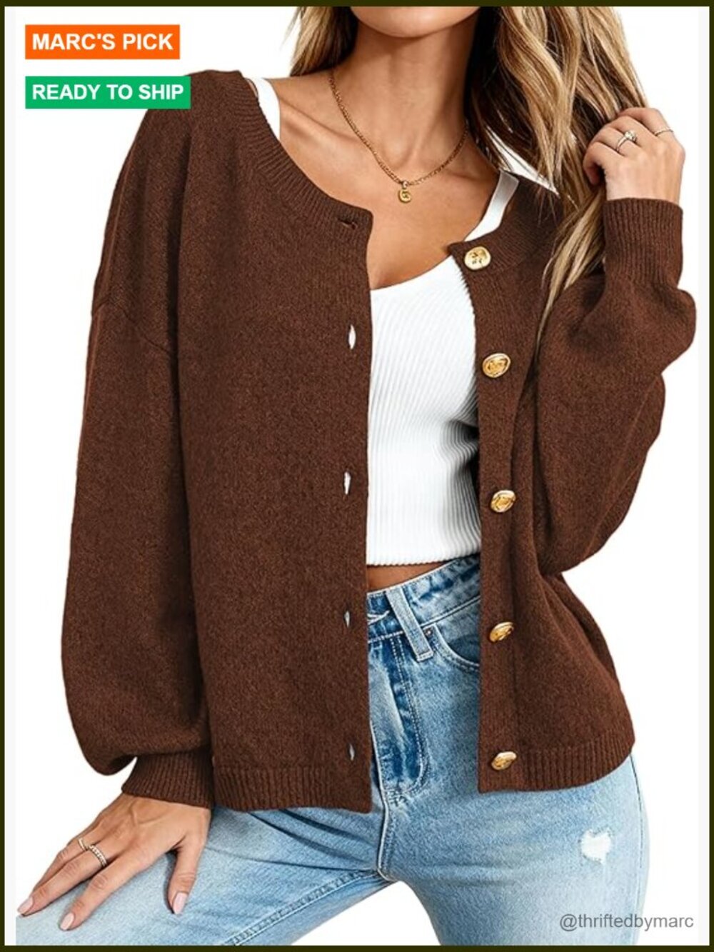 Oversized Gold Button Cardigan Sweater Women Open Front Fall Knit Jacket